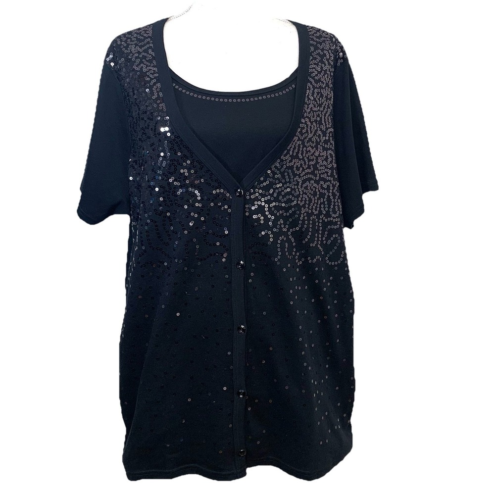 Quacker Factory Sequin Short Sleeve Duet Black Woman 2X Buttons Stretch New
